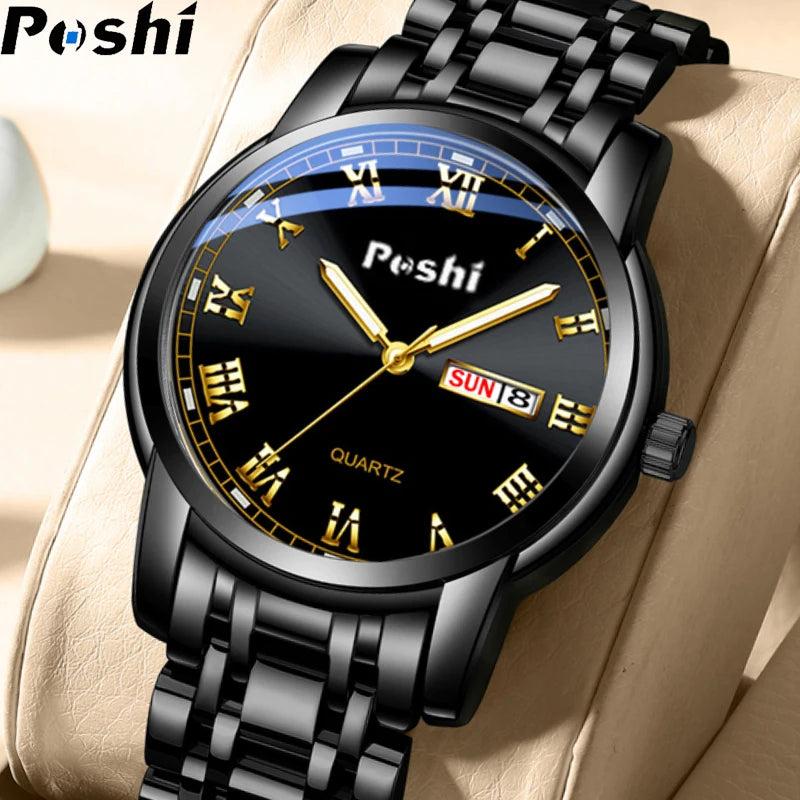 POSHI Stainless Steel Quartz Wrist Watch for Man Luxury Week Date Display Luminous Bracelet Fashion Men's Watch Original Clock