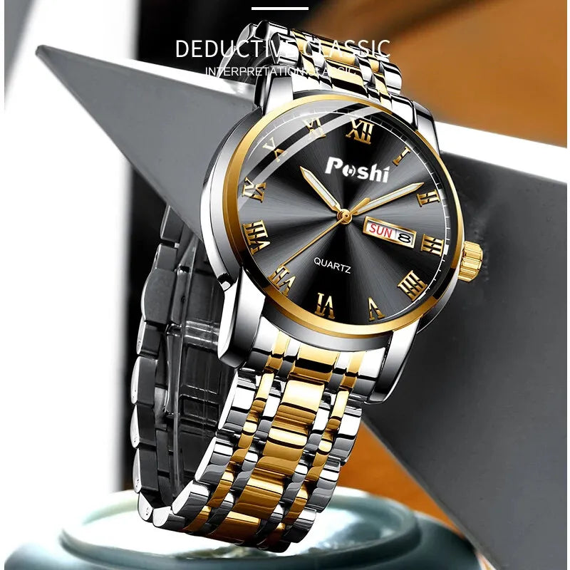 POSHI Stainless Steel Quartz Wrist Watch for Man Luxury Week Date Display Luminous Bracelet Fashion Men's Watch Original Clock