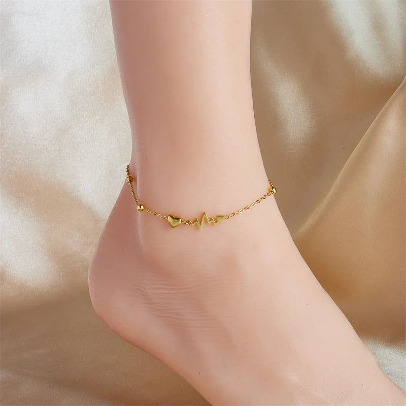 ZAKOL Fashion Stainless Steel Heart Electrocardiogram Anklets For Women Gold Color Chain Bracelet Ankle Accessories Jewelry Gift