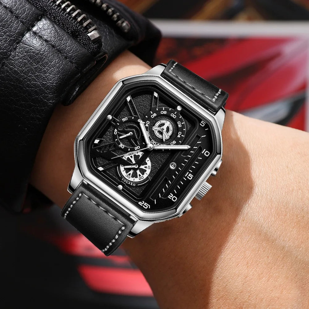 Men Quartz Watches Alloy Dial Business Men Watch PU Leather Strap Big Dial Square Sports Watch Cool Black Wristwatch for Man