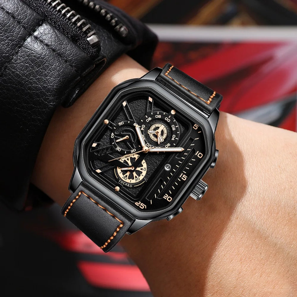 Men Quartz Watches Alloy Dial Business Men Watch PU Leather Strap Big Dial Square Sports Watch Cool Black Wristwatch for Man