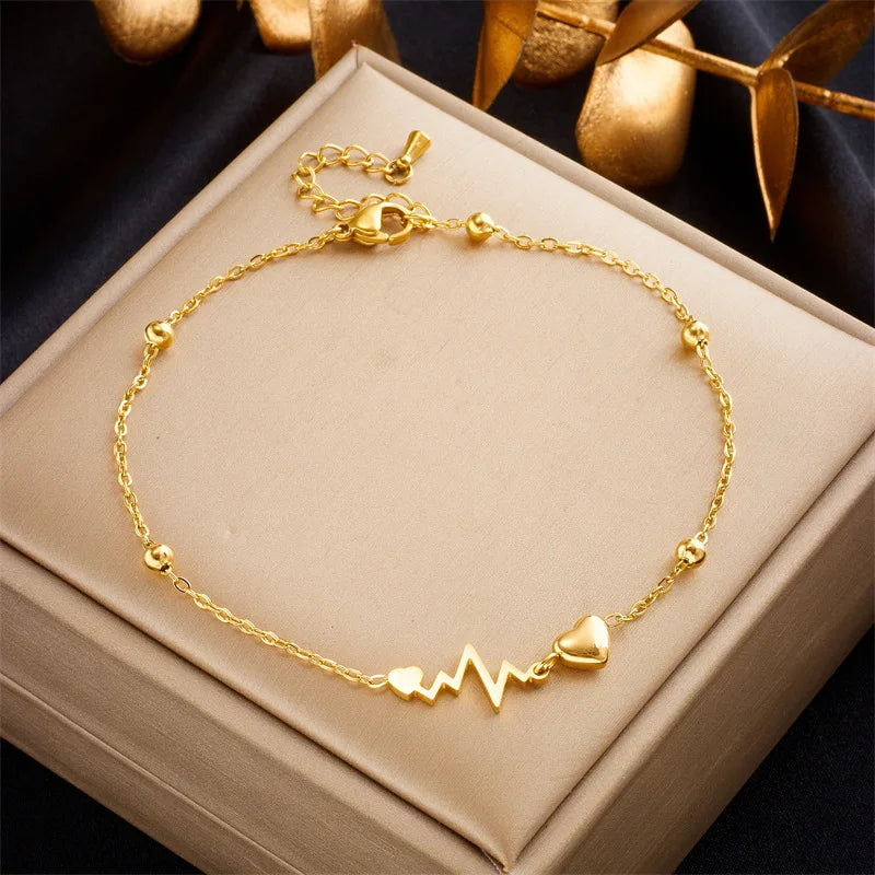 ZAKOL Fashion Stainless Steel Heart Electrocardiogram Anklets For Women Gold Color Chain Bracelet Ankle Accessories Jewelry Gift