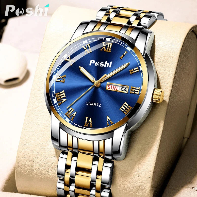 POSHI Stainless Steel Quartz Wrist Watch for Man Luxury Week Date Display Luminous Bracelet Fashion Men's Watch Original Clock